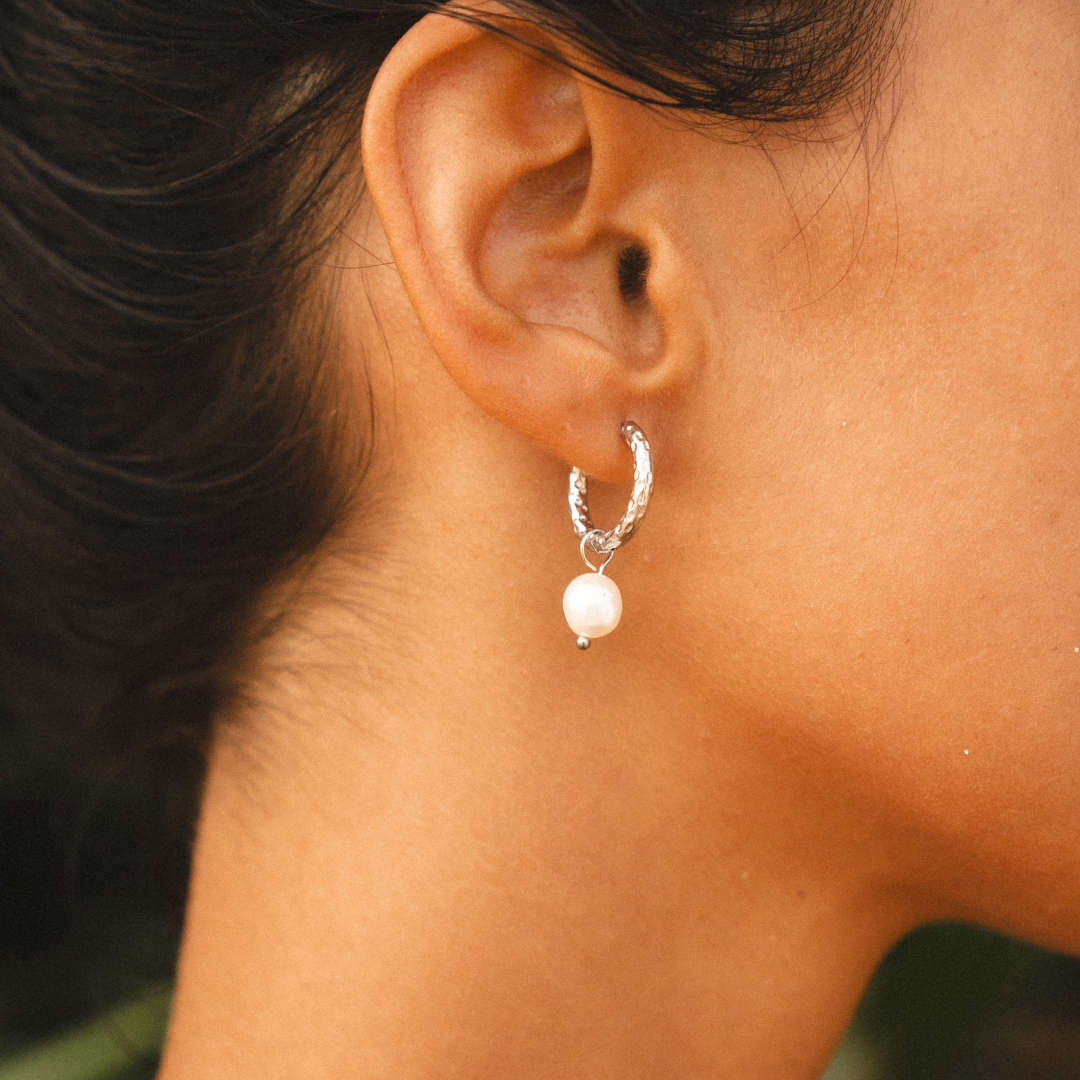 Athena Hammered Pearl Hoop Earrings