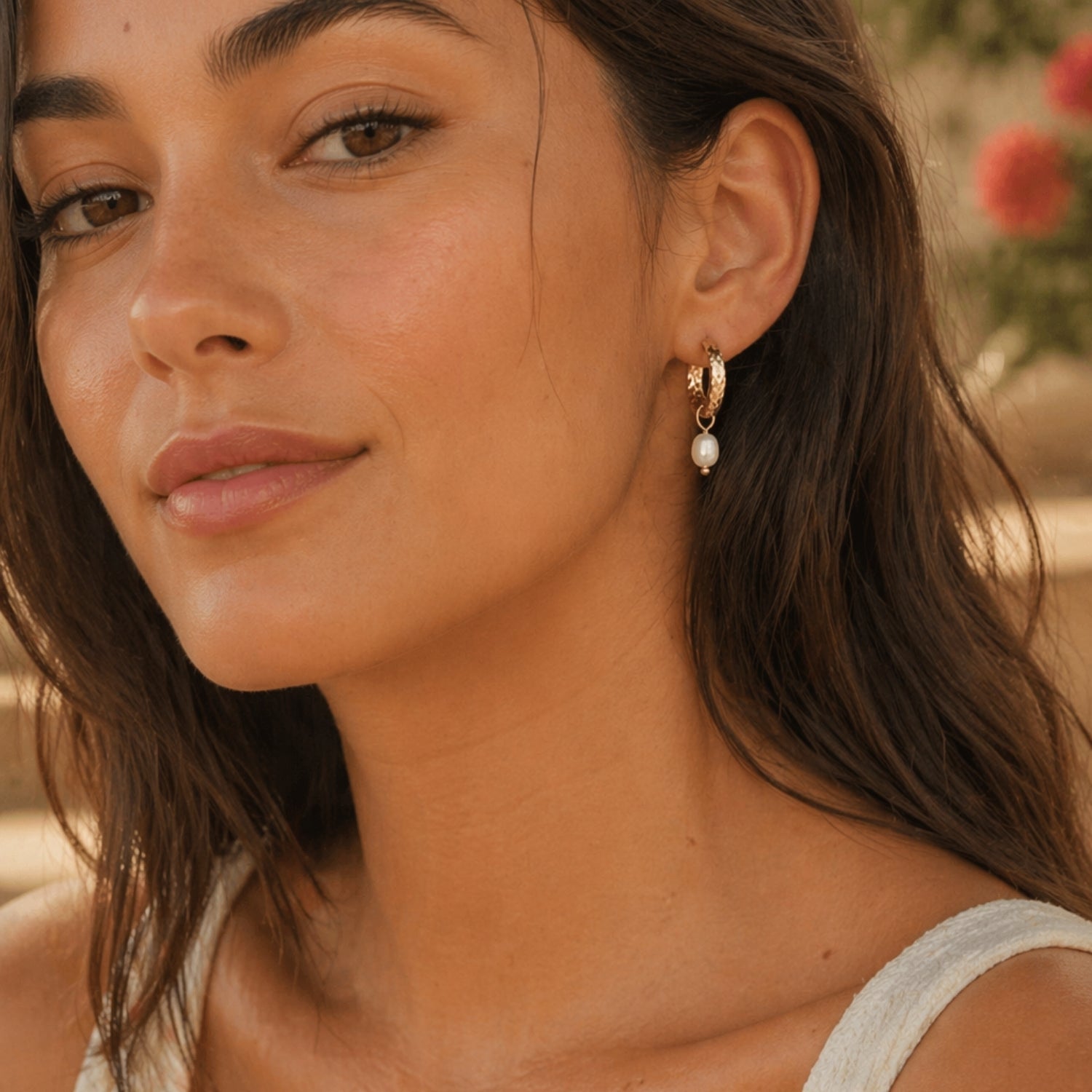 Athena Hammered Pearl Hoop Earrings