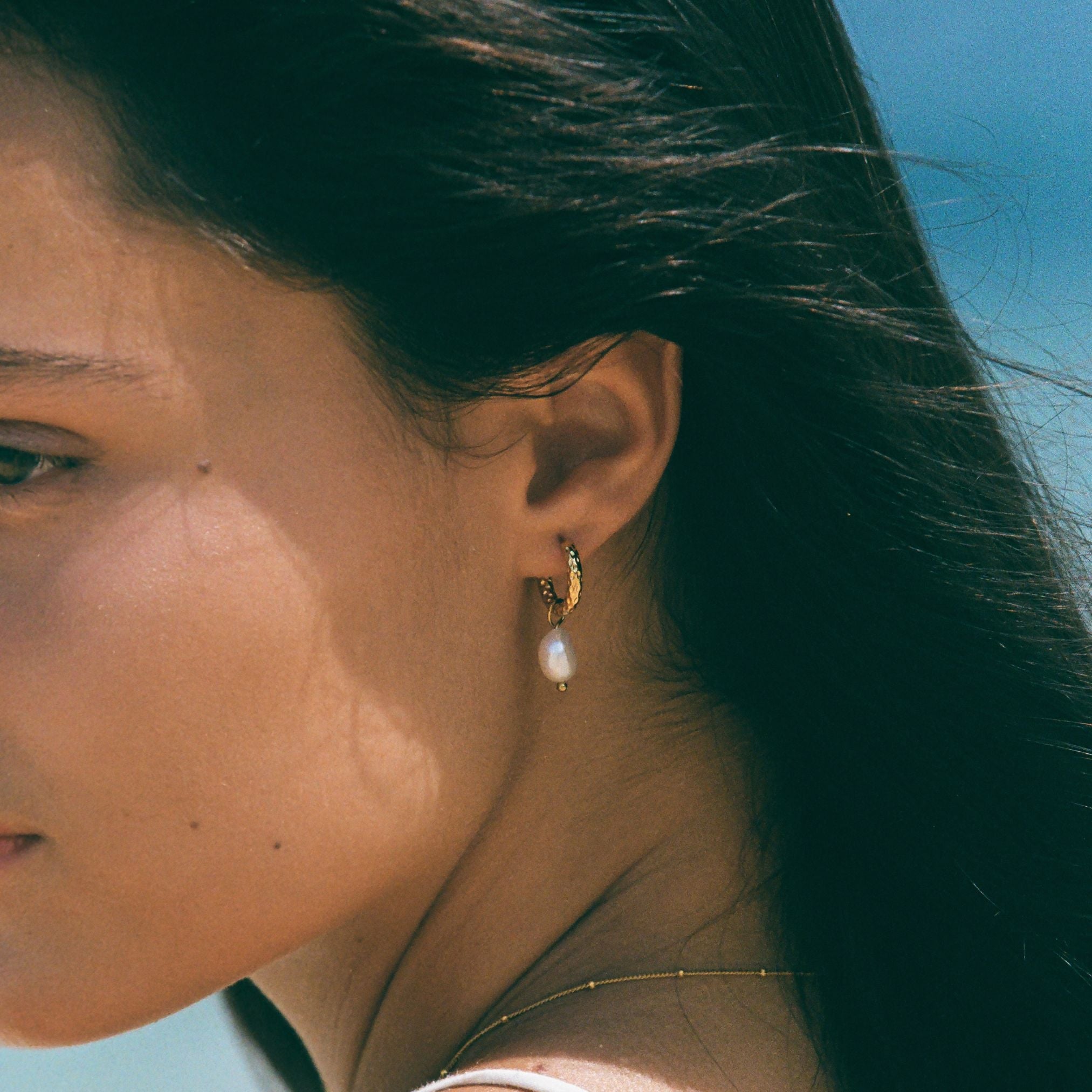 Athena Hammered Pearl Hoop Earrings