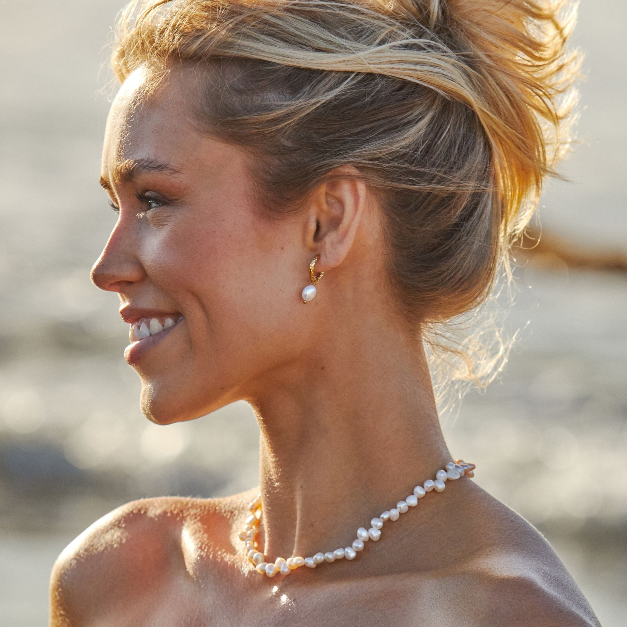Athena Hammered Pearl Hoop Earrings