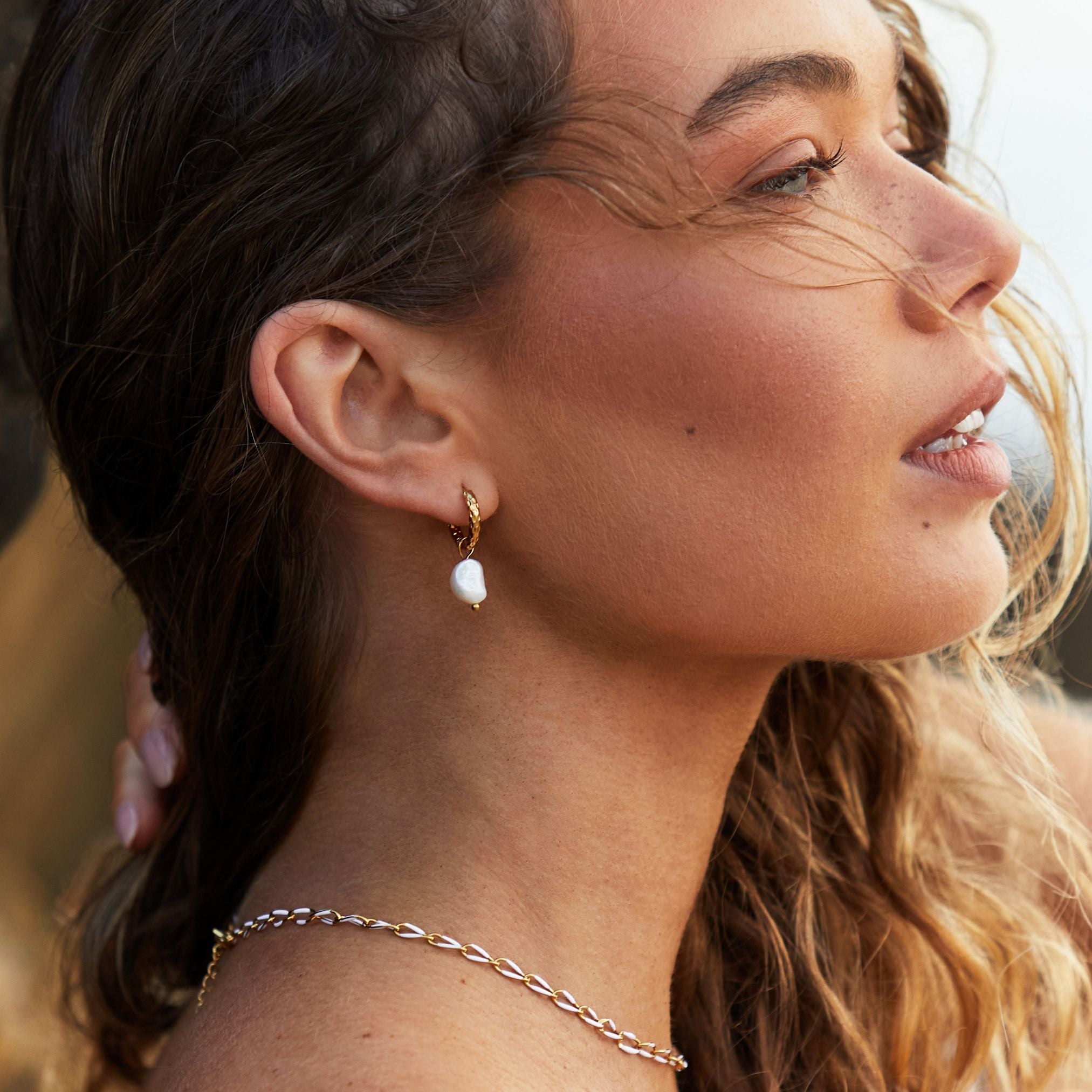 Athena Hammered Pearl Hoop Earrings