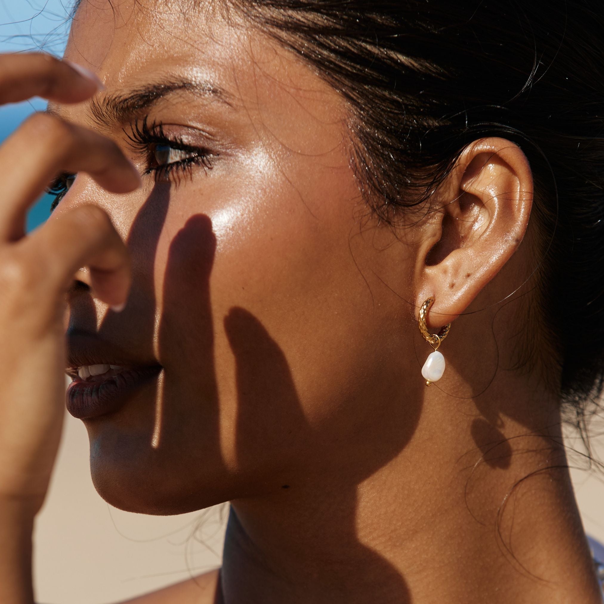 Athena Hammered Pearl Hoop Earrings