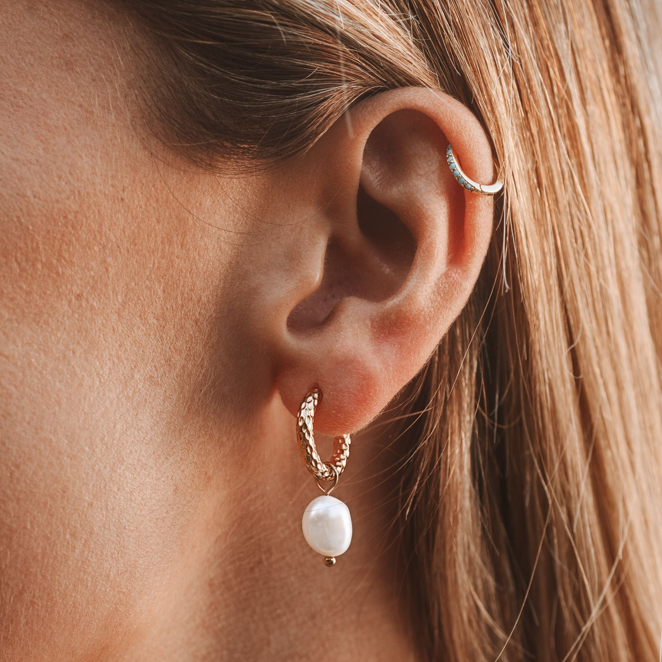 Athena Hammered Pearl Hoop Earrings