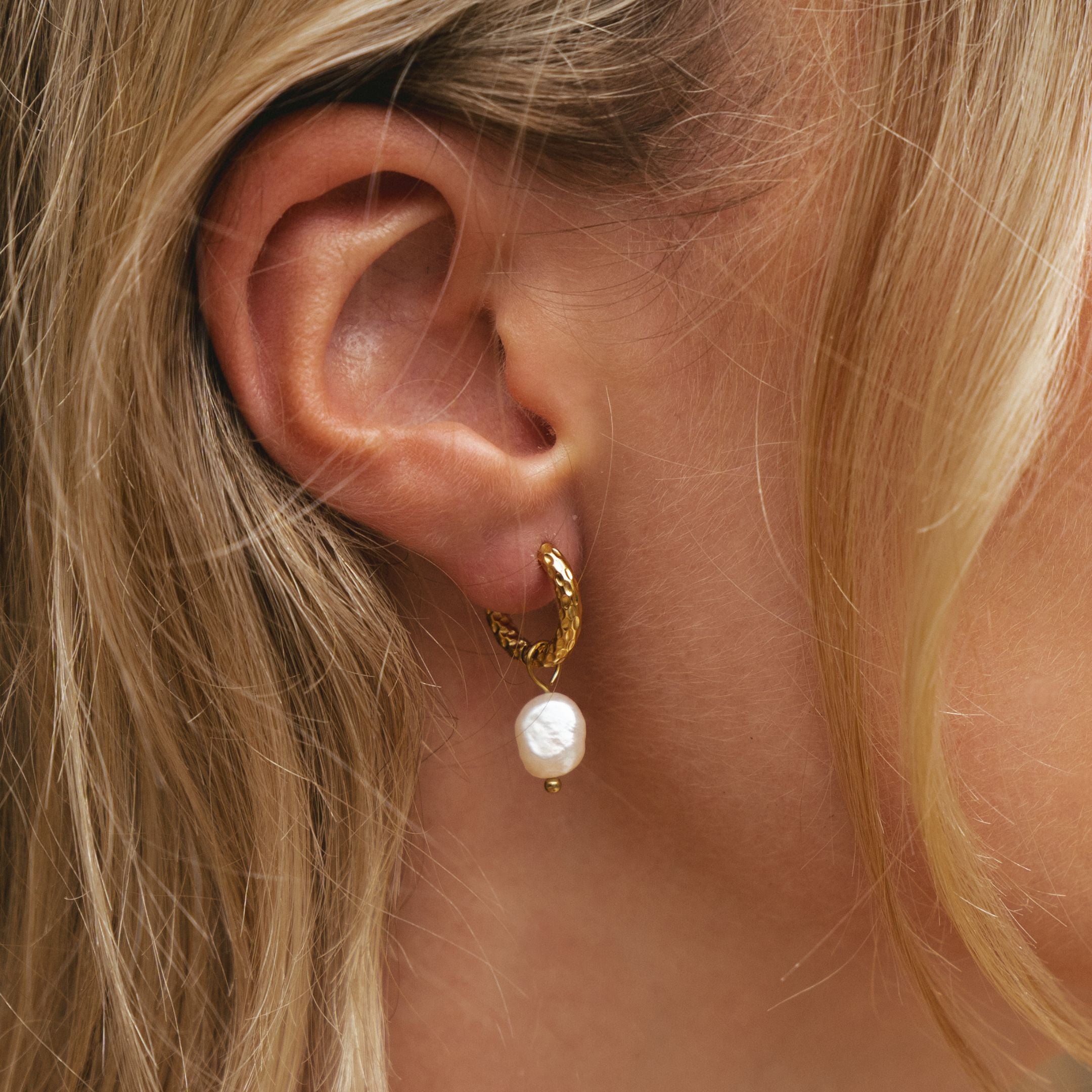 Athena Hammered Pearl Hoop Earrings